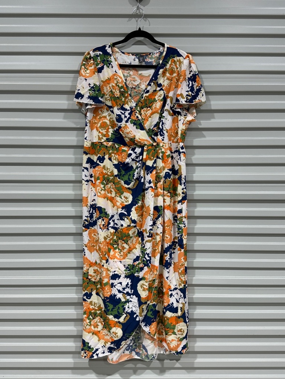 Floral Wrap Dress in Orange & Navy